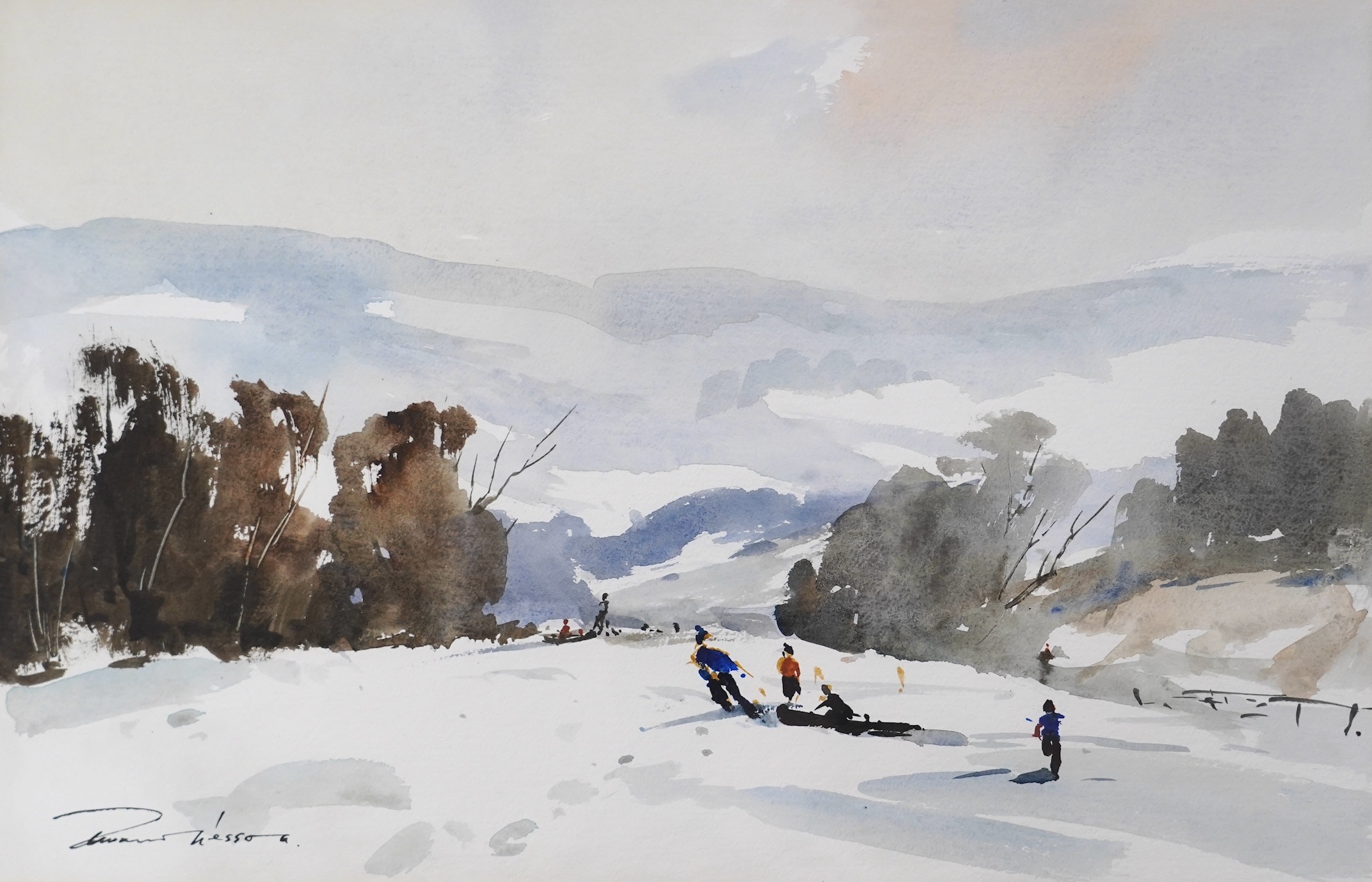 Edward Wesson (1910-1983), watercolour, 'Winter sports at Surrey' signed, Fine Arts label verso, 33 x 49cm